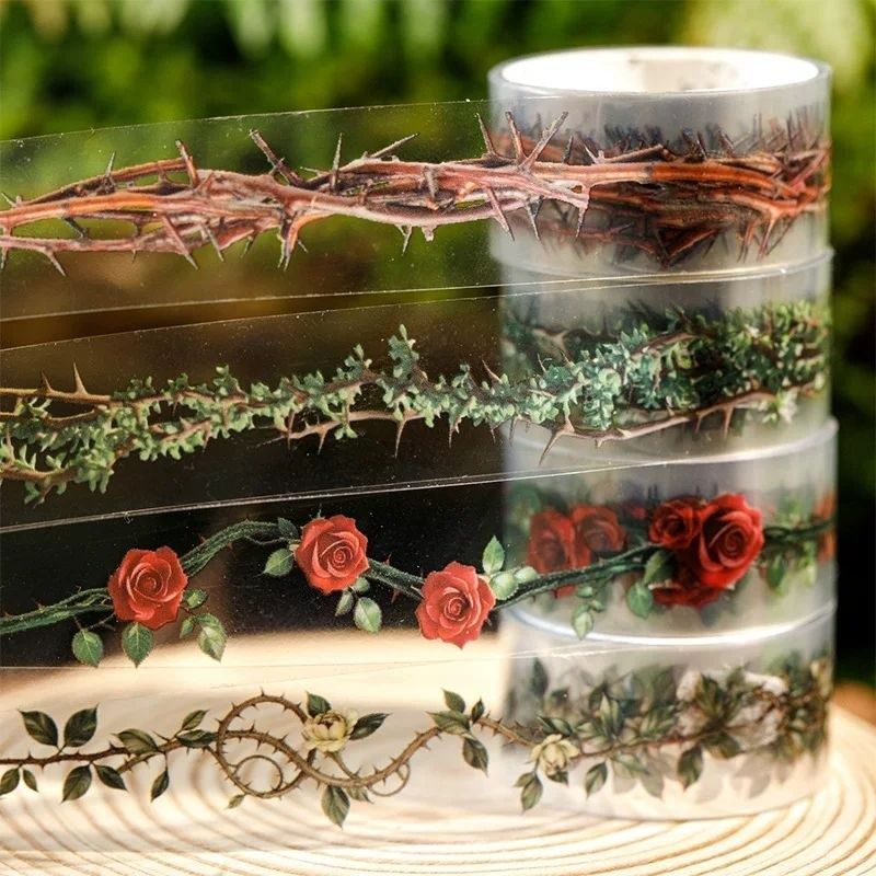Скотч ПЕТ на прозрачной основе 20 мм х 2 м: Зеленые шипы и листья, Green Thorns ДС-00844 фото