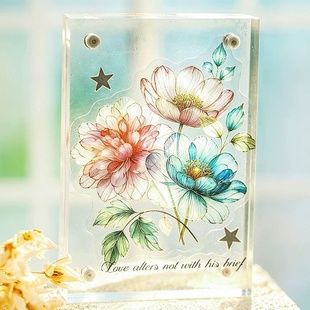 Прозорі PET-наліпки водостійкі Ніжні коралово-блакитні півонії Flower Mist набір 10 шт 60х60 мм з фігурною висічкою