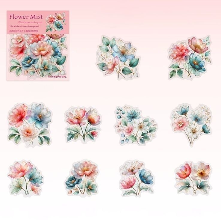 Прозорі PET-наліпки водостійкі Ніжні коралово-блакитні півонії Flower Mist