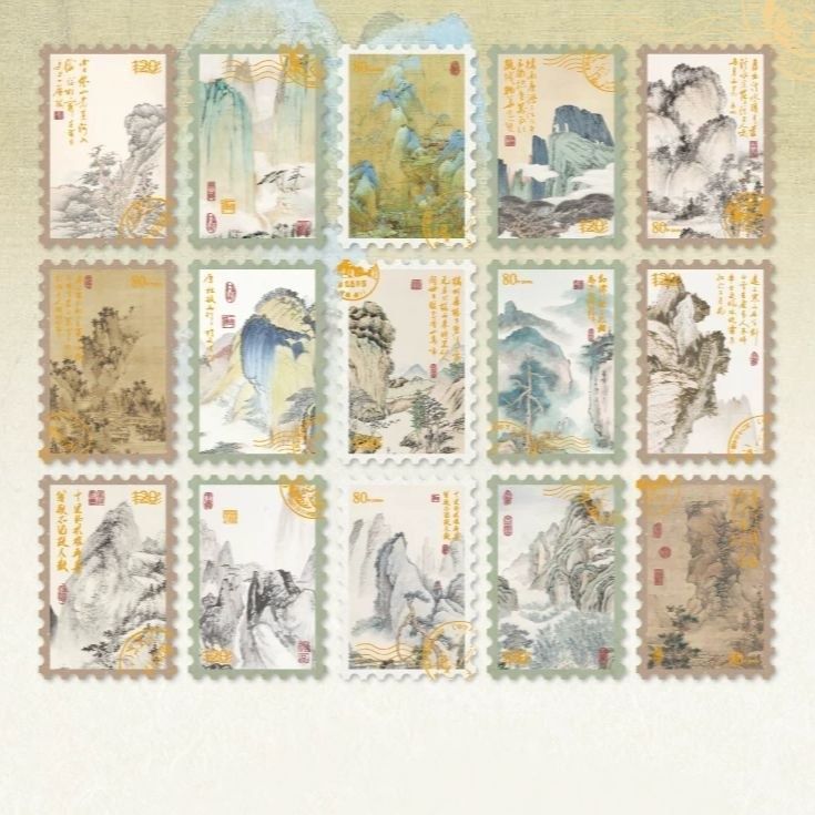 Бумажные наклейки-марки Gilded Oriental - Горные пейзажи (15 шт, 55х40 мм), китайский стиль, золотое тиснение НА-00375 фото