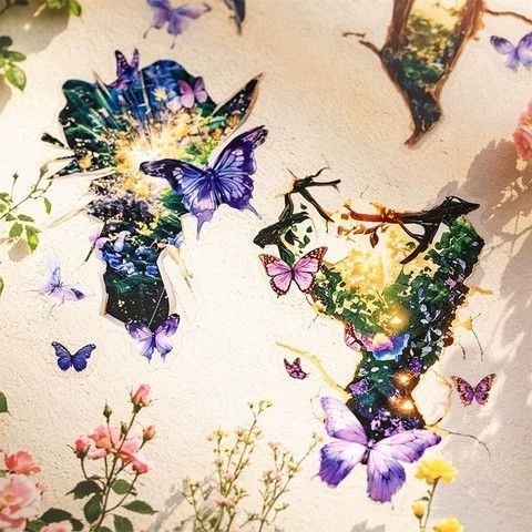 Прозрачные PET-наклейки водостойкие Butterfly Crack порталы в сказочные миры и бабочки набор 5 шт 12х8 см с фигурной высечкой Myjam